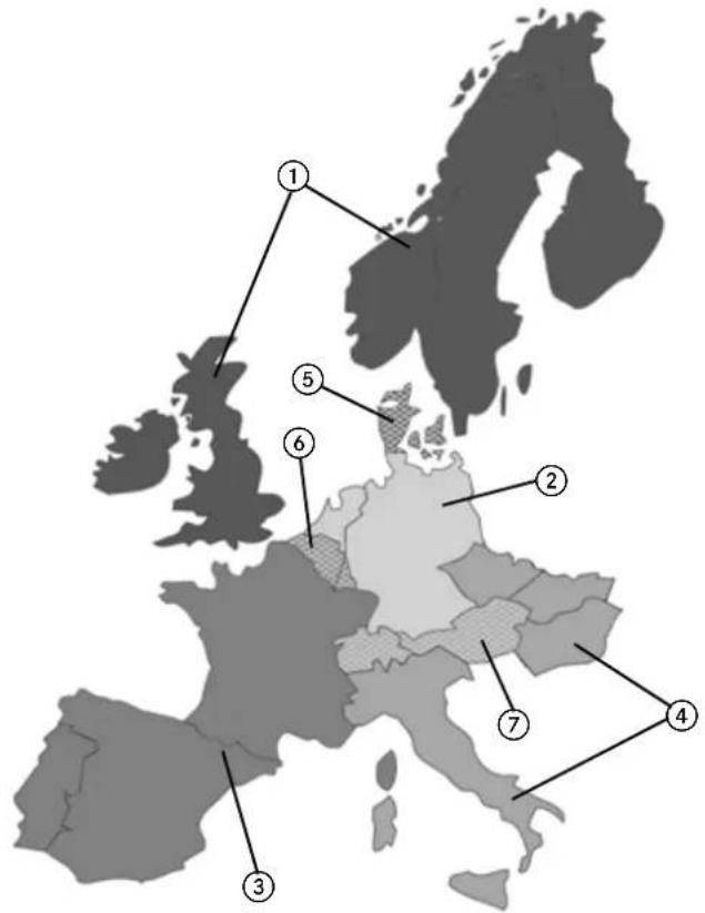 Map of Europe with numbered regions and labels pointing to specific countries