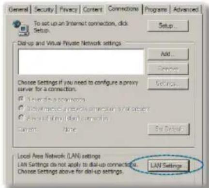 General Security Privacy Content Connections Programs Advanced To set up an Internet connection, click Setup... Setup... Dial-up and Virtual Private Network settings Add... Remove... Choose Settings if you need to configure a proxy server for a connection. ✓ Use the connection ✓ Use the connection to access or access to other ✓ Use the connection to your own connection Target Time Get Other Local Area Network (LAN) settings LAN Settings do not apply to dial-up connections. Choose Settings above for dial-up settings. LAN Settings...