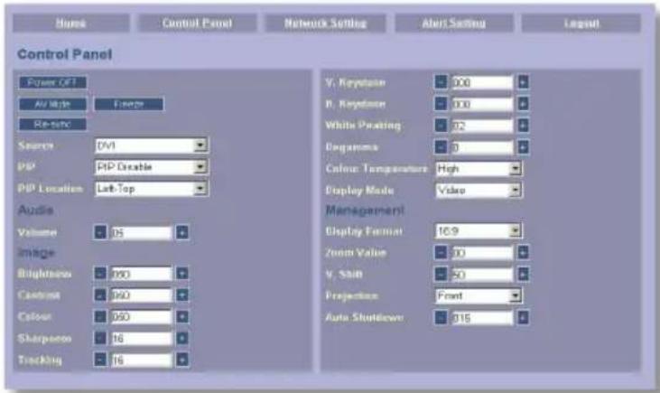 Control Panel Power OFF AV Write Resource Re-turn Search DV1 PIP PHP Disable PIP Location Left Top Audio Volume 05 Image Brightness 980 Cardinal 920 Colour 950 Sharpness 16 Tracking 16 Network Setting Alert Setting Layout V. Reptake 300 R. Reptake 300 White Peaking 82 Diagrams 0 Color Temperature High Display Mode Video Management Display Format 16:9 Zoom Value 70 V. Skin 50 Projection Front Auto Shutdown 015