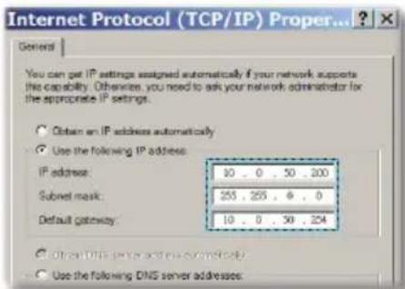 Internet Protocol (TCP/IP) Proper... General You can get IP settings assigned automatically if your network supports this capability. Otherwise, you need to ask your network administrator for the appropriate IP settings. Obtain an IP address automatically Use the following IP address: IP address: 10 , 0 , 50 , 200 Subnet mask: 255 , 255 , 6 , 0 Default gateway: 10 , 0 , 50 , 254 Obtain this server and use our network Use the following DNS server addresses: