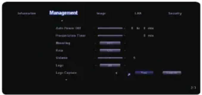 Information Management Image LAN Security Auto Power Off 8 in 8 min Presentation Timer 8 min Burning 0 Rosa 0 Volume 5 Lago 0 Logic Capture 4 Yes Cancel 2-3