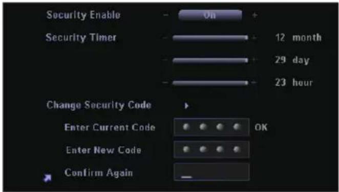 Security Enable On 12 month Security Timer 29 day 23 hour Change Security Code Enter Current Code OK Enter New Code Confirm Again