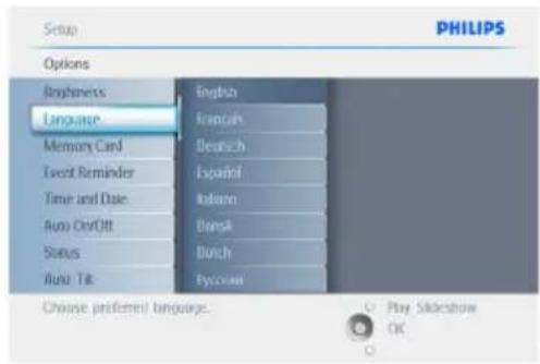 PHILIPS SHE3601 - Přejděte dolů na položku Jazyk (Language). - 1