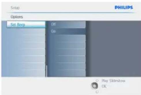 Setup PHILIPS Options Set Beep Off On Play Slideshose OK Ct