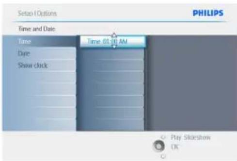 Setup Options PHILIPS Time and Date Time Daye Show click Time 01:30 AM Play Slideshow OK