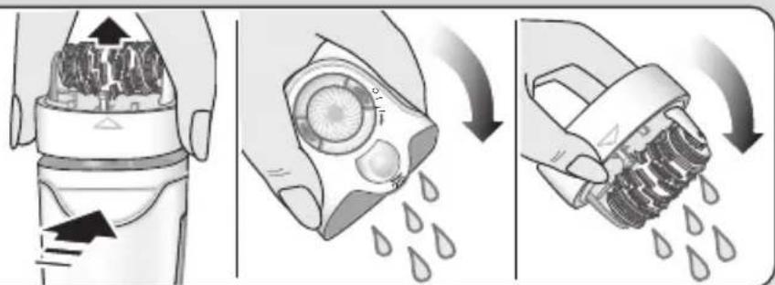 Illustration showing three steps of a hairbrush tool: opening, adjusting the brush tip, and releasing water droplets.