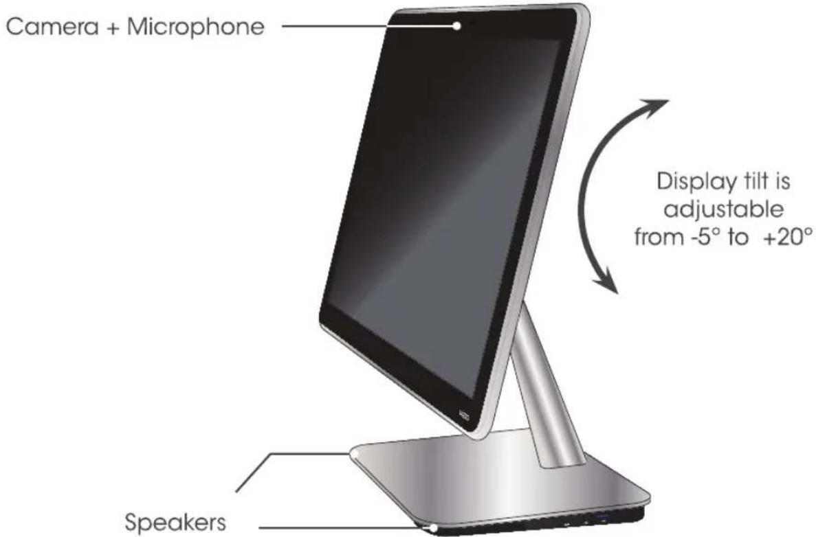 Camera + Microphone Display tilt is adjustable from -5° to +20° Speakers