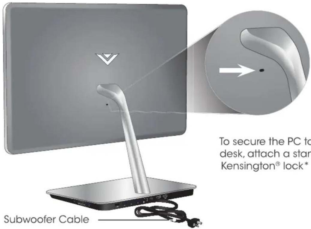 Subwoofer Cable To secure the PC to desk, attach a star Kensington® lock*