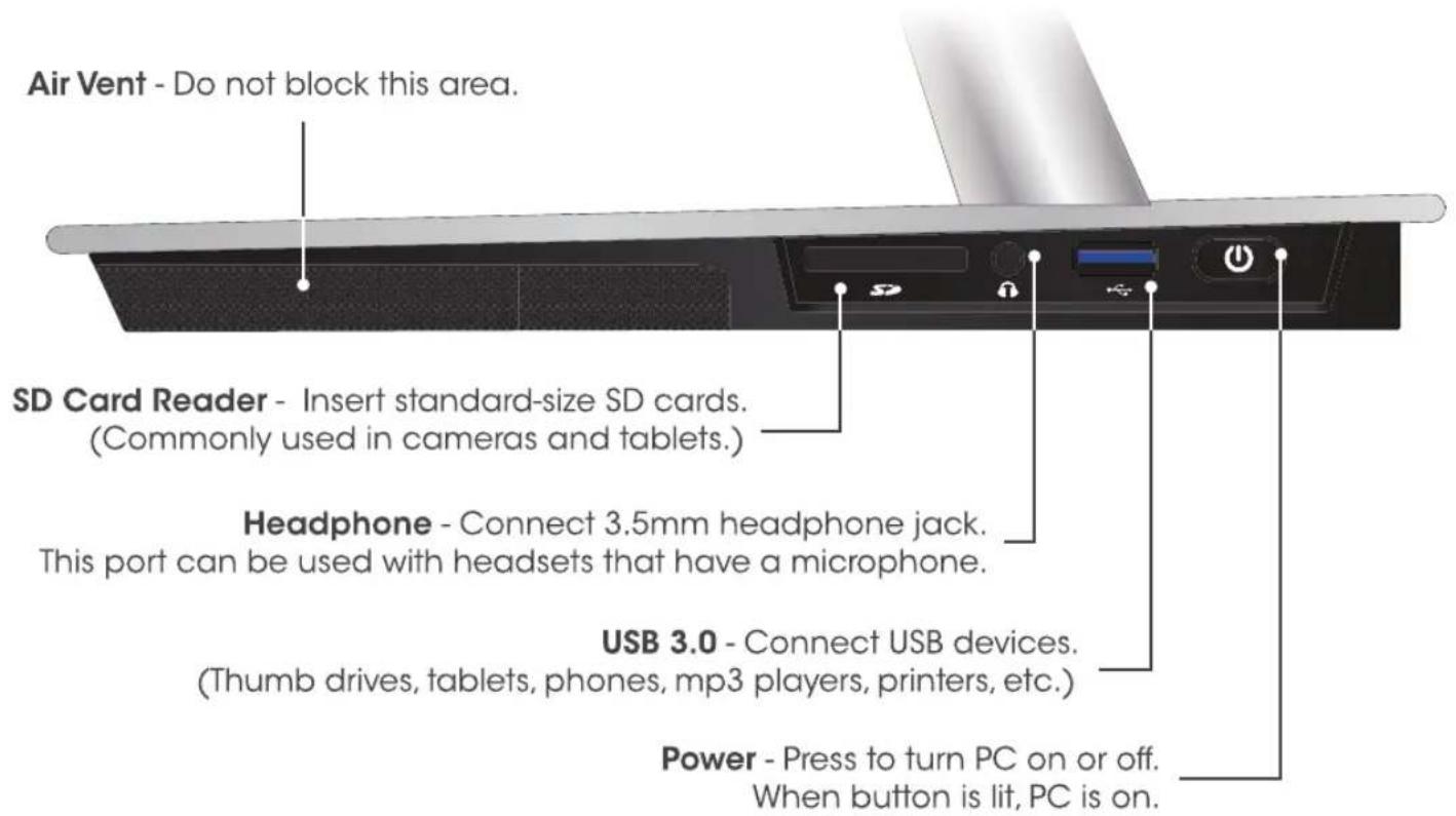 Air Vent - Do not block this area. SD Card Reader - Insert standard-size SD cards. (Commonly used in cameras and tablets.) Headphone - Connect 3.5mm headphone jack. This port can be used with headsets that have a microphone. USB 3.0 - Connect USB devices. (Thumb drives, tablets, phones, mp3 players, printers, etc.) Power - Press to turn PC on or off. When button is lit, PC is on.