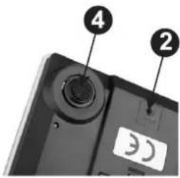 Close-up of a device's top panel with labeled parts 2 and 4, showing a circular component and a battery icon.