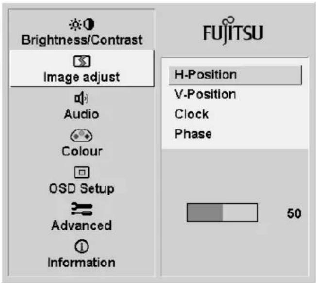 Brightness/Contrast Image adjust Audio Colour OSD Setup Advanced Information FUJITSU H-Position V-Position Clock Phase 50