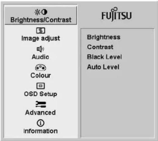 Brightness/Contrast Image adjust Audio Colour OSD Setup Advanced Information FUJITSU Brightness Contrast Black Level Auto Level