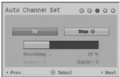 Auto Channel Set TV Stop Searching... 35 % Analog: 5 Digital: 5 Prev. Select Next
