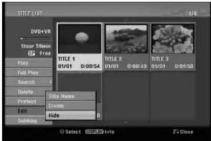 TITLE LIST DVD+VR Thinner Style ES Free Play Fast Play Search Delete Protect Edit Desktop TITLE 1 01/01 0:00:54 TITLE 2 01/01 0:00:49 TITLE 3 01/01 0:01:50 Title Name Browse Hide © Select Info S Close