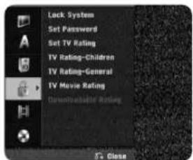Lock System Set Password Set TV Rating TV Rating-Children TV Rating-General TV Movie Rating Downloadable Rating