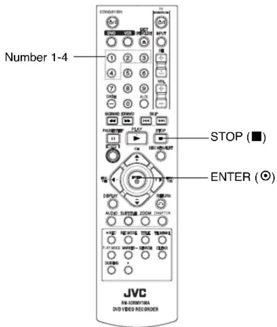 Number 1-4 STOP (■) ENTER (○) JVC RV-DRM/FYMA DVD VIDEO RECORDER