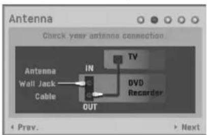 Antenna Check your antenna connection. Antenna Wall Jack Cable IN TV DVD Recorder OUT + Prev. > > Next