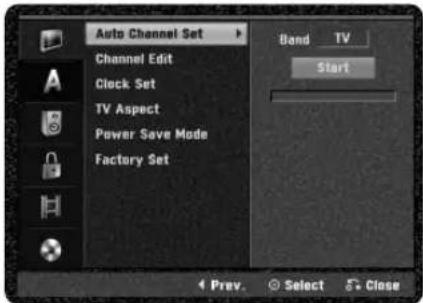 Auto Channel Set Channel Edit Clock Set TV Aspect Power Save Mode Factory Set Band TV Start 4 Prev. Select Close