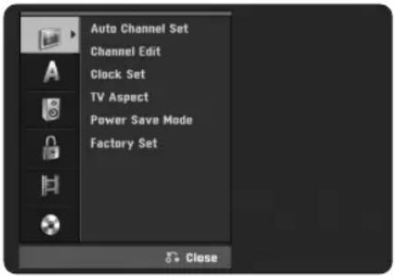 Auto Channel Set Channel Edit Clock Set TV Aspect Power Save Mode Factory Set Close