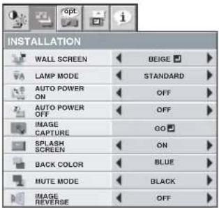 INSTALLATION WALL SCREEN BEIGE LAMP MODE STANDARD AUTO POWER ON OFF AUTO POWER OFF OFF IMAGE CAPTURE GO SPLASH SCREEN ON BACK COLOR BLUE MUTE MODE BLACK IMAGE REVERSE OFF