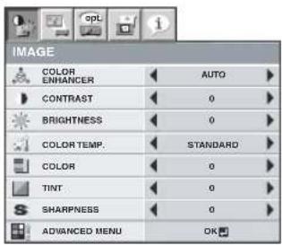 IMAGE COLOR ENHANCER AUTO CONTRAST 0 BRIGHTNESS 0 COLOR TEMP. STANDARD COLOR 0 TINT 0 SHARPNESS 0 ADVANCED MENU OK
