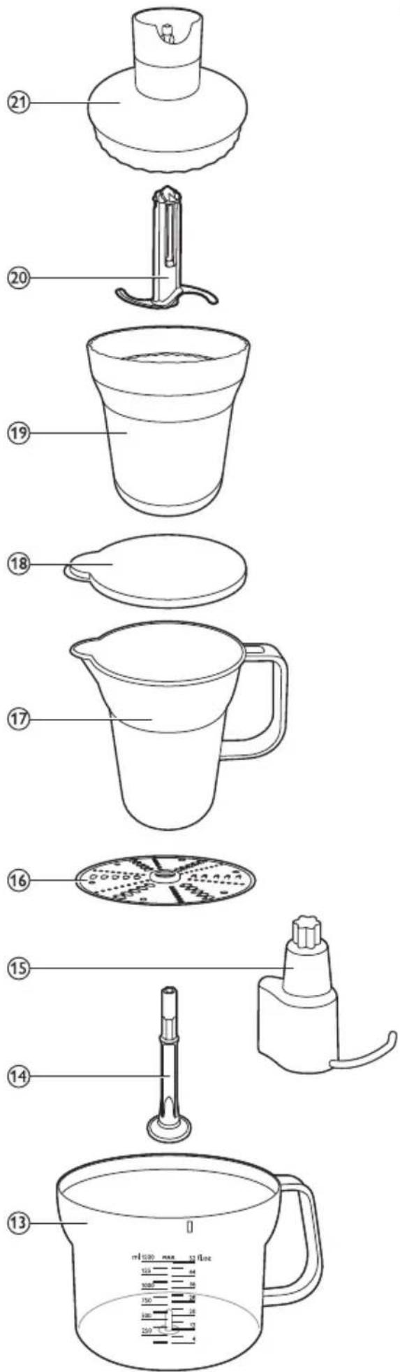 Exploded diagram of a kitchen appliance with numbered parts for identification and assembly reference.