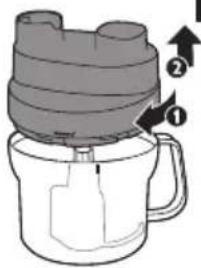 Diagram of a coffee maker with labeled parts, showing a handle and lid with arrows indicating assembly steps.
