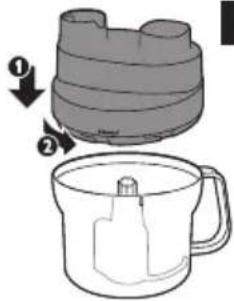 Diagram showing a coffee maker with a lid and a side view of the cup, labeled with steps ① and ②.