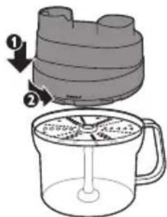 Diagram showing a device with labeled parts and a container with a stand, likely illustrating a cooking or cleaning process.