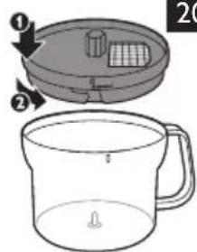 Diagram showing two labeled parts of a cooking pot with a lid and handle, likely illustrating a cooking or storage procedure.