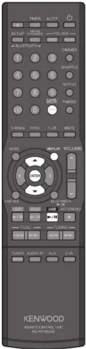 TIMER SLEEP SET UP SOUND VANESER POLDER FREE NEXT = BLUETOOTH DIMMER 1 2 3 4 5 6 SHUFFLE REPEAT 7 8 9 CLEAR BEETR PMODE 20 0 D-BASS TONE FLAT MUTE MODE DISPLAY VOLUME ENTER USB REC BLUE TOOTH /II CD OFF USB AUTOMONG +/II +/II PGALL TUNING TUNER AUDIO IN ALX D-IN KENWOOD REMOTE CONTROL UNIT RC-RP0503F