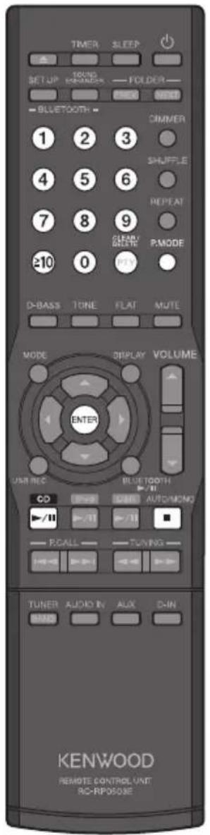 TIMER SLEEP SET UP SOUND KONKON FOLDER PRET NEED BLUETOOTH 1 2 3 DIMMER SHUFFLE 4 5 6 REPEAT 7 8 9 CLEAR MOUNT PMODE ≥10 0 D-BASS TUNE FLAT MUTE MODE DISPLAY VOLUME ENTER USB REC BLUE TOOTH CO PWR CMB AUTO/MONG /11 /11 R-CALL TUNING TUNER AUDIO IN AUX D-IN KENWOOD REMOTE CONTROL UNIT RC-RPO503E