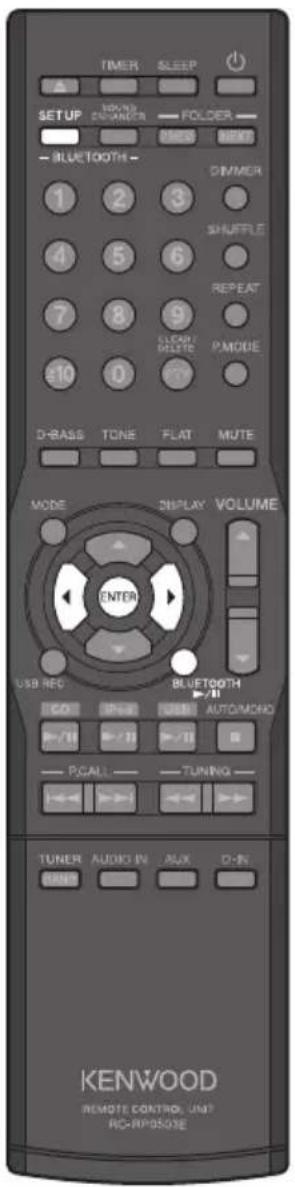 TIMER SLEEP SETUP HOLDEN ENCOUNTER FOLDER MIME NEW = BLUETOOTH - DIMMER 1 2 3 SHUFFLE 4 5 6 REPEAT 7 8 9 CLEAR DELETE PMODE €10 0 D-BASS TONE FLAT MUTE MODE DISPLAY VOLUME ENTER USB REC BLUETOOTH COO USB AUTO/MONCH P/II P/III P/II PCALL TUNING TUNER AUDIO IN AUX D-IN KENWOOD REMOTE CONTROL UNIT RC-RP-OSOIE
