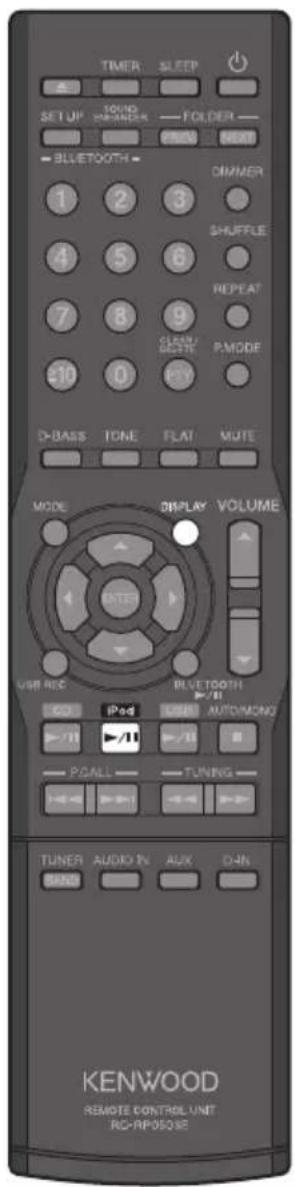 TIMER SLEEP SET UP 10000 BRANDER FOLDER 3 PLOW NEXT BLLETOOTH 1 2 3 OMMER 1 2 3 SHUFFLE 4 5 6 REPEAT 7 8 9 GREEN BEETTE P.MODE €10 0 P.Y. D-BASS TONE FLAT MUTE MODE DISPLAY VOLUME USB REC BLUETOOTH /II iPod COM AUTOMONG /II /IB PGALL TUNING TUNER AUDIO IN AUX D-IN KENWOOD REMOTE CONTROL UNIT RC-RPOSOME