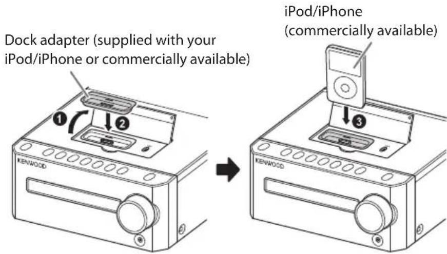Dock adapter (supplied with your iPod/iPhone or commercially available) Kenwood 1 2 → iPod/iPhone (commercially available) Kenwood