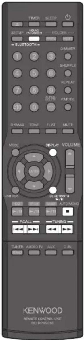 TIMER SLEEP SET UP SOUND EMER FOLDER PREM NEXT BLUETOOTH 1 2 3 DIMMER 4 5 6 SHUFFLE 7 8 9 REPEAT GREEN MOATE PMODE -10 0 -11 D-BASS TONE FLAT MUTE MODE DISPLAY VOLUME OUTER USB REC BLUE 100TH /II CO PWM AUTO/MONO +/II +/II PGALL TUNING TUNER AUDIO IN AUX D-IN BINS KENWOOD REMOTE CONTROL UNIT RC-RP95016F