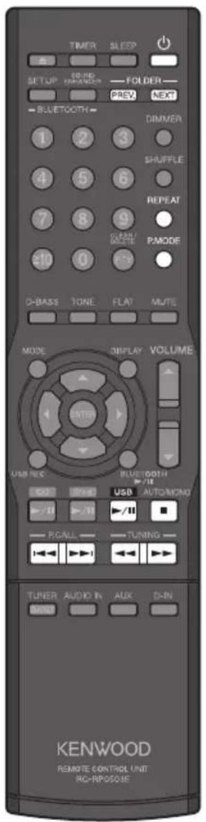 TIMER SLEEP SETUP SOUND FOLDER PREV NEXT BLUETOOTH DIMMER 1 2 3 4 5 6 7 8 9 PAMODE D-BASS TONE FLAT MUTE MODE DISPLAY VOLUME ENTER USB REC BLUE WIDTH USB AUTOMONG PCALL TUNING TUNER AUDIO IN AUX D-IN KENWOOD REMOTE CONTROL UNIT RC-RPOSOIE
