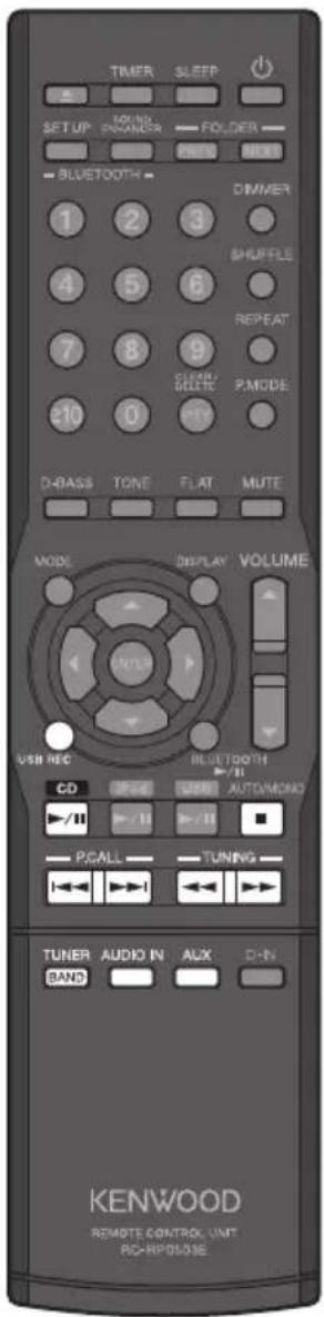 TIMER SLEEP SET UP SOUND ENGINEER FOLDER PRESS MUTE BLUETOOTH DIMMER 1 2 3 4 5 6 7 8 9 10 0 D-BASS TONE FLAT MUTE MOOE DISPLAY VOLUME USB REC BLUETOOTH /II CD USB AUTO/MONO /II /II PGALL TUNING TUNER AUDIO IN AUX D-IN BAND KENWOOD REMOTE CONTROL UNIT RC-RP0-03E