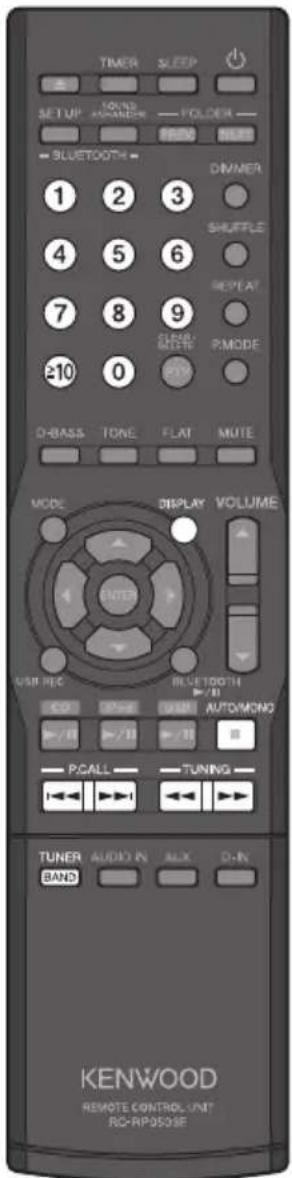 TIMER SLEEP SET UP ROUND AVIANDER POLDER FROM MILES = SLUETOOTH = DIVMER 1 2 3 4 5 6 SHIFTLE RESET 7 8 9 CLOCK MUTE PMODE ≥10 0 D-BASS TONE FLAT MUTE MODE DISPLAY VOLUME USB REC BLUETOOTH CO USB AUTO/MONO +/-/II +/-/II PGALL TUNING TUNER AUDIO IN ALL D-IN BAND KENWOOD REMOTE CONTROL UNIT RC-RP050SE