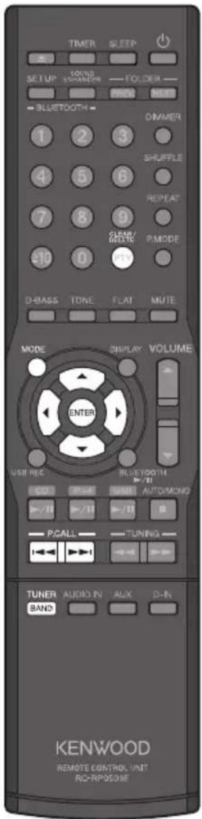 TIMER SLEEP SET UP SOUND HYARDEN FOODER PREM NEXT BLUETOOTH DIMMER 1 2 3 4 5 6 SHUFFLE REPEAT 7 8 9 GRAY/ MOOD PMODE #10 0 #N D-BASS TONE FLAT MUTE MODE DISPLAY VOLUME ENTER USB REC BLUE TOOTH /II CO WIRE AUTO/MONO #/II #/II #/II PGALL TUNING TUNER AUDIO IN ALIX D-IN BAND KENWOOD REMOTE CONTROL UNIT RC-RP9501E