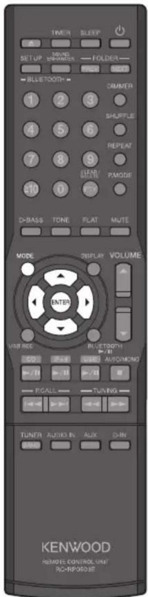 TIMEI SLEEP SETUP SOUND ENRINDER FOLDER → FREE NEXT → BLUETOOTH DIMMER 1 2 3 4 5 6 7 8 9 10 0 PMODE D-BASS TONE FLAT MUTE MODE DISPLAY VOLUME ENTER USB REC BLUETOOTH CO PWR USB AUTOMONG + / + - / + - PCALL TUNING - TUNER AUTO IN AUX D-IN BAND KENWOOD REMOTE CONTROL UNIT RC-RPOSEDGE