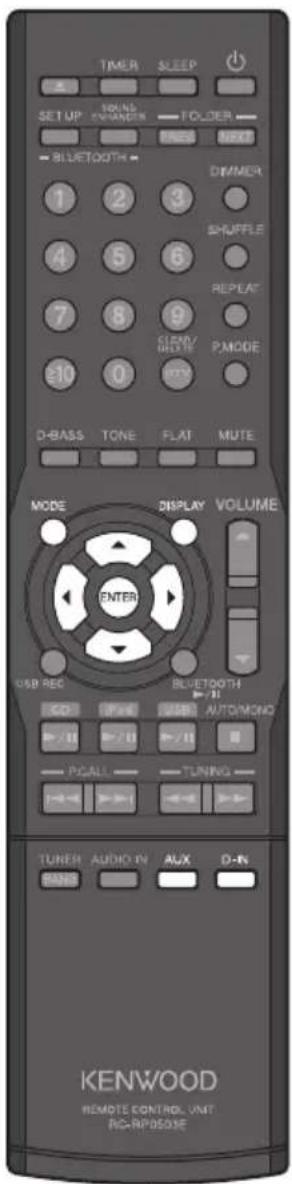 TIMER SLEEP SET UP ROUND ENWARDEN FOLDER PRESS NEXT BLUETOOTH 1 2 3 4 5 6 7 8 9 CLEAR/ MUTE PMODE D-BASS TONE FLAT MUTE MODE DISPLAY VOLUME ENTER USB REC BLUETOOTH CD USB AUTO/MONO P/II P/II P/II P/CALL TUNING TUNER AUDIO IV AUX D-IN RANS KENWOOD REMOTE CONTROL. UNIT: RC-RAP/DOISE