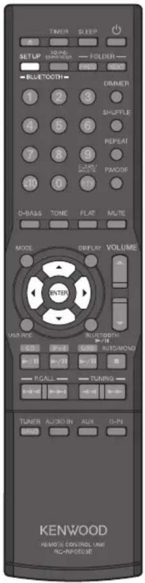 TINER SLEEP SETUP 1 SOUND EMPIRADO — FOLDER — PHO NEXT — BLUETOOTH — 1 2 3 4 5 6 7 8 9 £10 0 DIMMER SHUFFLE REPEAT PAMODE D-BASS TONE FLAT MUTE MODE DISPLAY VOLUME ENTER USB R/C BLUETOOTH —/II AUTO/MONQ —/II —/II —/II RICALL TUNING — TUNER AUDIO IN AUX D-IN KENWOOD REMOTE CONTROL UNIT RC-RF0503E
