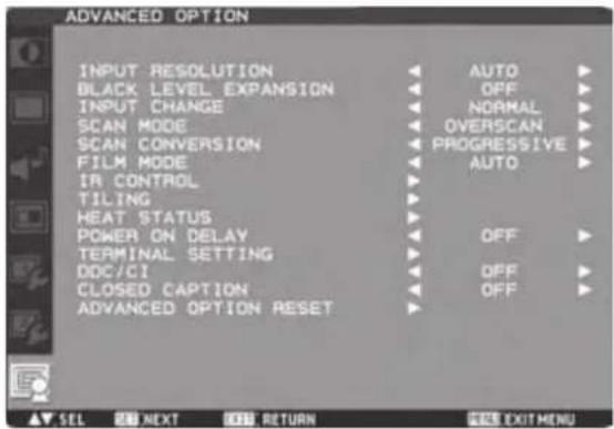 ADVANCED OPTION INPUT RESOLUTION BLACK LEVEL EXPANSION INPUT CHANGE SCAN MODE SCAN CONVERSION FILM MODE IR CONTROL TILING HEAT STATUS POWER ON DELAY TERMINAL SETTING DOC/CI CLOSED CAPTION ADVANCED OPTION RESET AUTO OFF NORMAL OVERSCAN PROGRESSIVE AUTO OFF OFF OFF SEL NEXT OFF RETURN EXIT MENU
