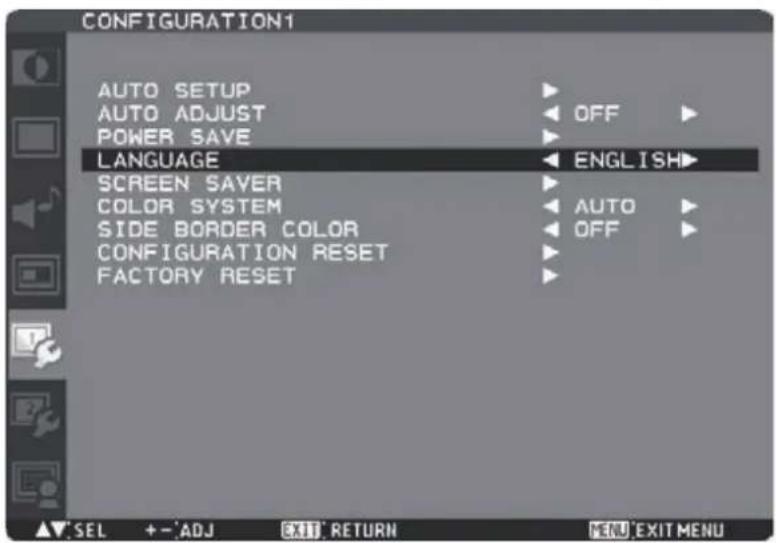 CONFIGURATION1 AUTO SETUP AUTO ADJUST POWER SAVE LANGUAGE SCREEN SAVER COLOR SYSTEM SIDE BORDER COLOR CONFIGURATION RESET FACTORY RESET ENGLISH AUTO OFF SEL + - 'ADJ EXIT RETURN MENU EXIT MENU