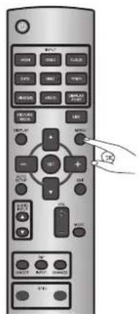 Control panel of a remote device with labeled buttons and a hand pointing to the right button.