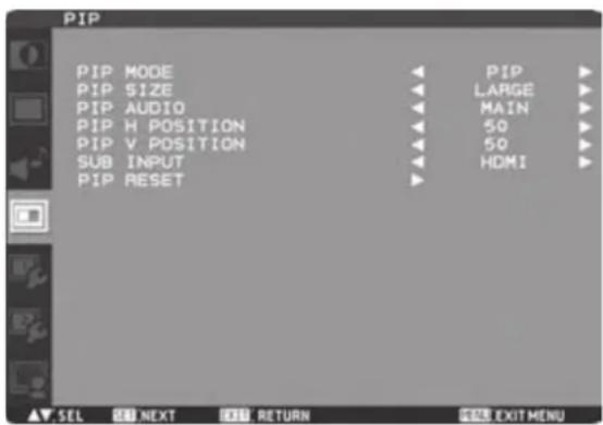PIP PIP MODE PIP SIZE PIP AUDIO PIP H POSITION PIP V POSITION SUB INPUT PIP RESET PIP PIP LARGE MAIN 50 50 HDMI SEL NEXT RETURN EXIT MENU