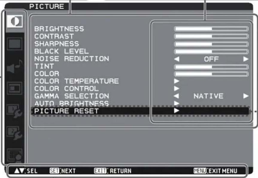 PICTURE BRIGHTNESS CONTRAST SHARPNESS BLACK LEVEL NOISE REDUCTION TINT COLOR COLOR TEMPERATURE COLOR CONTROL GAMMA SELECTION AUTO BRIGHTNESS PICTURE RESET OFF NATIVE ▲▼:SEL SET:NEXT EXIT:RETURN MENU:EXIT MENU