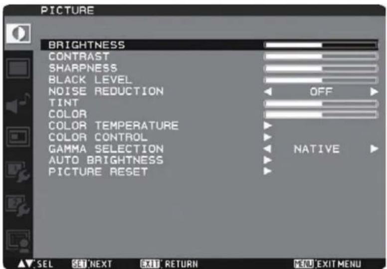 PICTURE BRIGHTNESS CONTRAST SHARPNESS BLACK LEVEL NOISE REDUCTION TINT COLOR COLOR TEMPERATURE COLOR CONTROL GAMMA SELECTION AUTO BRIGHTNESS PICTURE RESET OFF NATIVE ▲▼ SEL SET 'NEXT EXIT RETURN MENU 'EXIT MENU