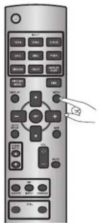 Image of a remote control device with labeled buttons and a hand pointing to the right button.